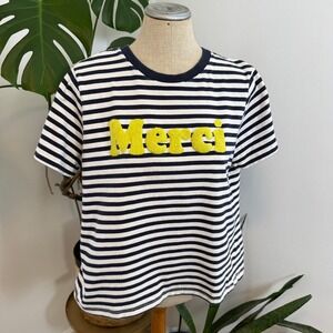 H&M‎ Striped T Shirt Merci Graphic Yellow Embroidered Womens Size L